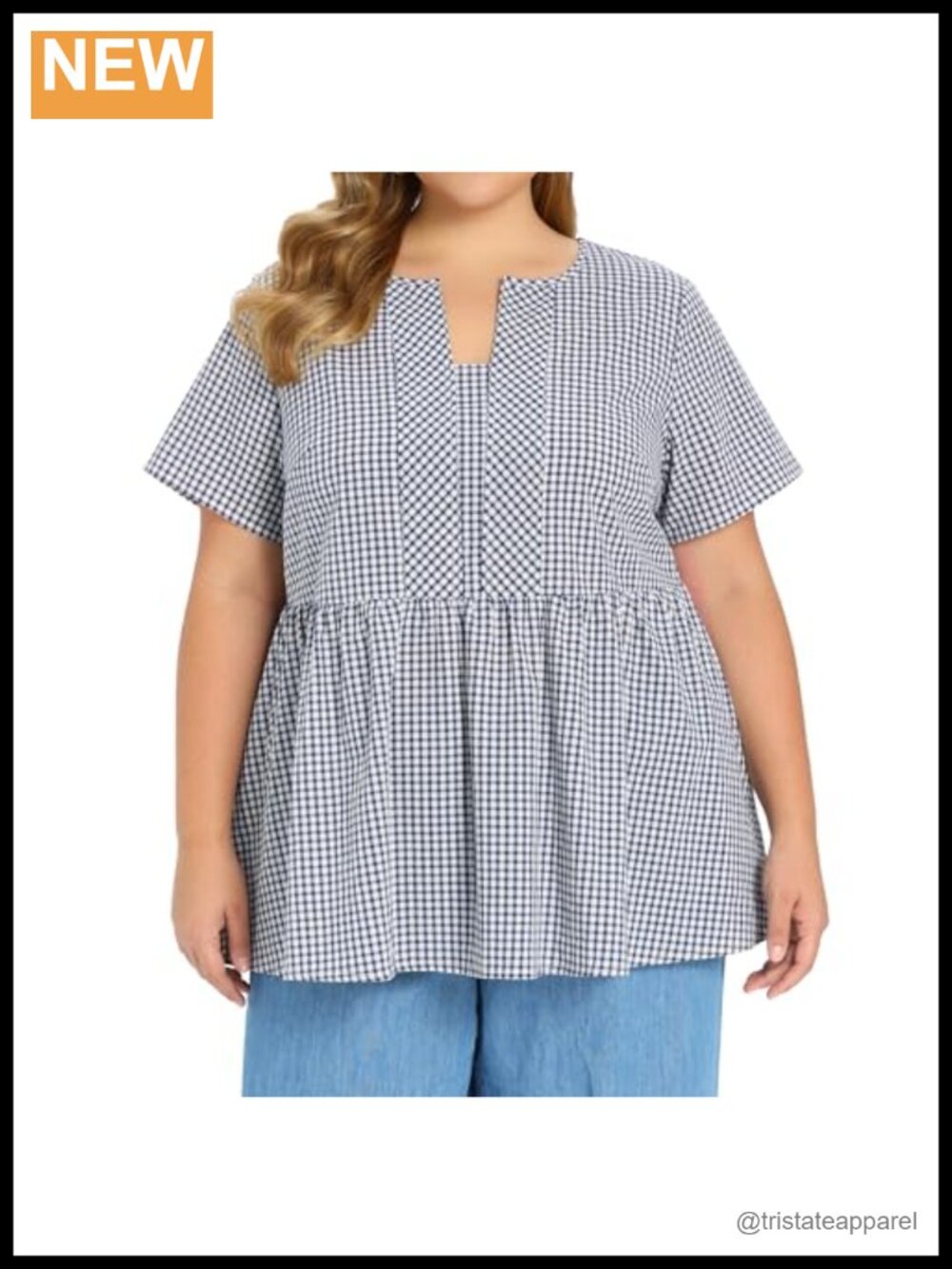 Plus Size Plaid Peplum Blouse Cotton Short Sleeve Notch Neck Flowy Babydoll Top